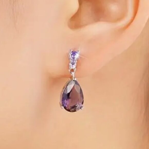 Stunning - 5 Carat Lab Created Amethyst Teardrop & Sterling Silver Earrings - Picture 1 of 3